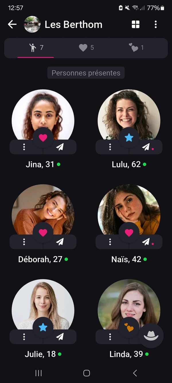 Écran « Personnes présentes » de l'app Heezy : les célibataires présents dans le lieu, avec likes et superlikes