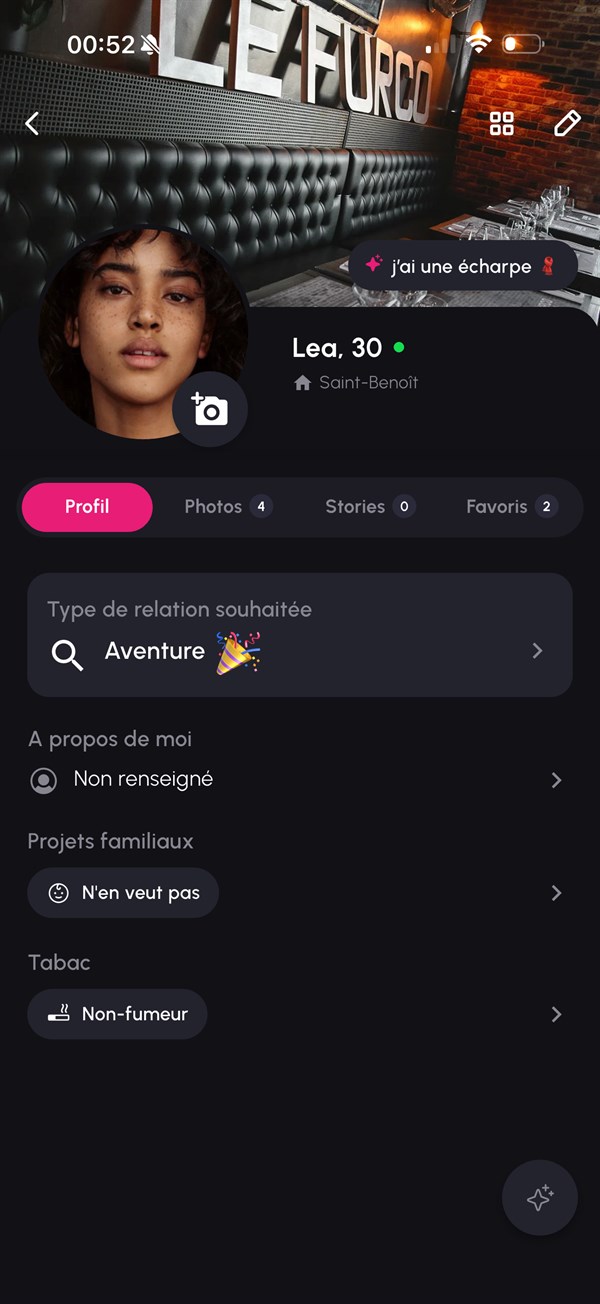 Écran profil d'un membre Heezy : type de relation recherchée, projets, centres d'intérêt